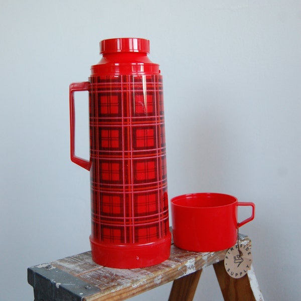 Vintage 1970's Red Plaid Camping Thermos