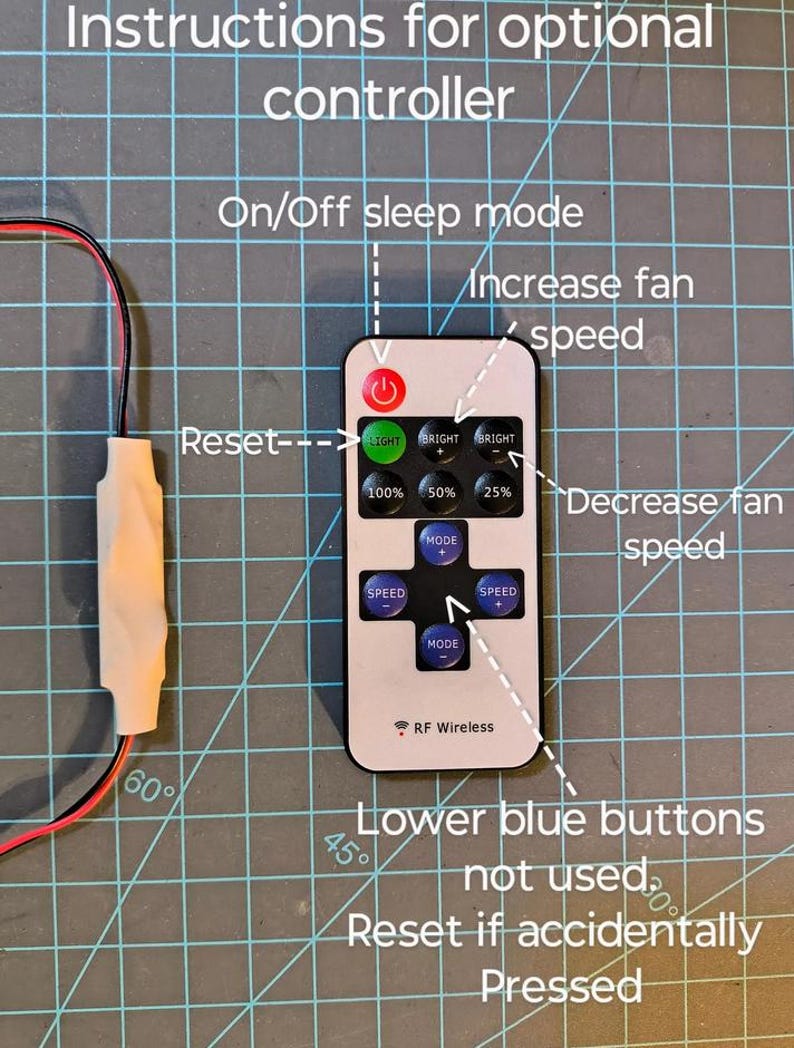 May include: A white RF Wireless remote control with multiple buttons, including power, light, and speed controls. Text on the remote indicates functions like "Increase fan speed" and "Decrease fan speed." Instructions for the controller are also visible.