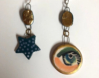 Asymmetrical earrings - pots and eyes   - unique and original