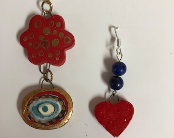 Asymmetrical earrings - pots and eyes   - unique and original