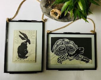 Hand pressed Lino print framed - unique designs on mulberry, parchment or paperbook pages