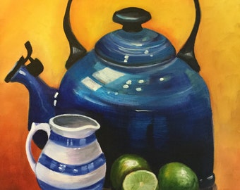 Le Creuset kettle and limes, original art, oil painting by Carole Ann Hall