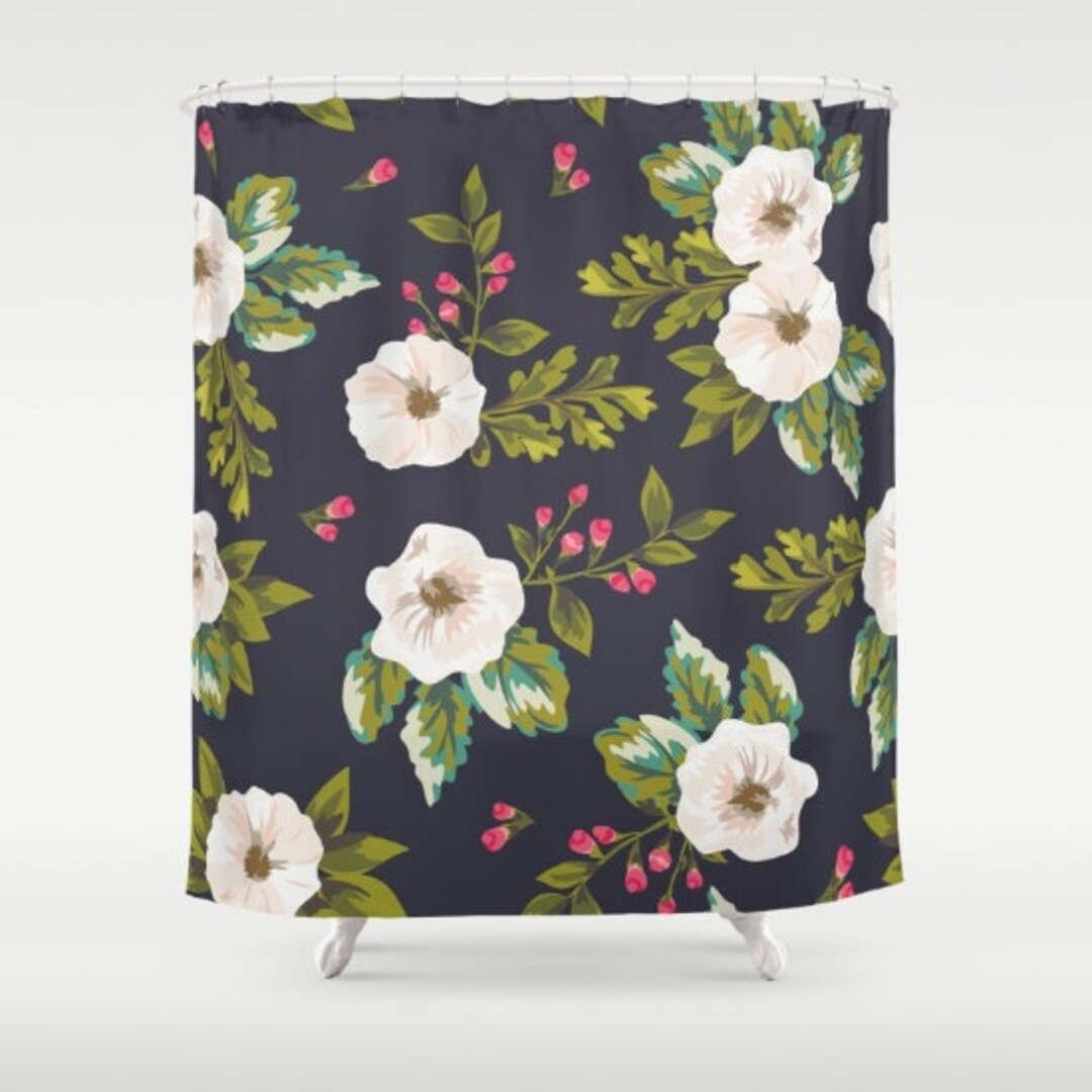 Floral Shower Curtain Navy Pink White Shower Curtain Flower Etsy