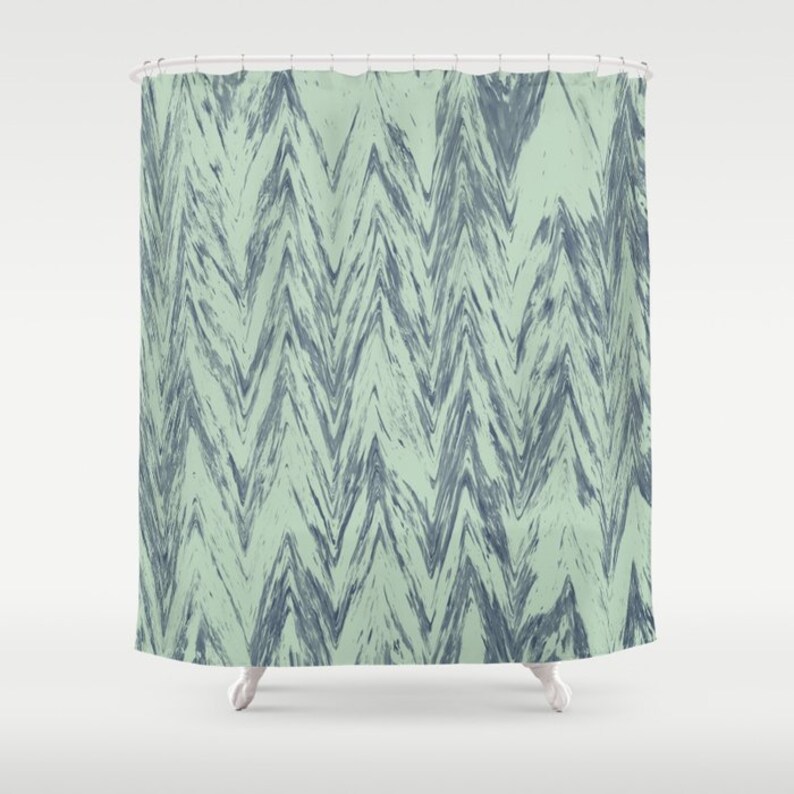 Mint Shower Curtain Chevron Green and Gray Abstract Print Etsy