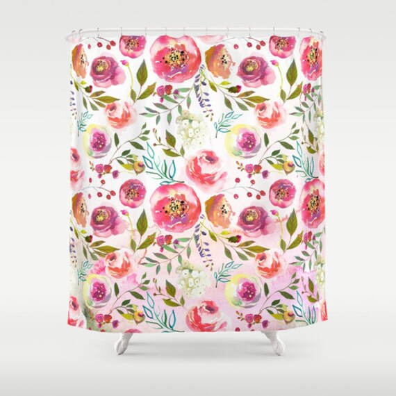 Floral Shower Curtain Girls Bathroom Decor Pink Watercolor Etsy