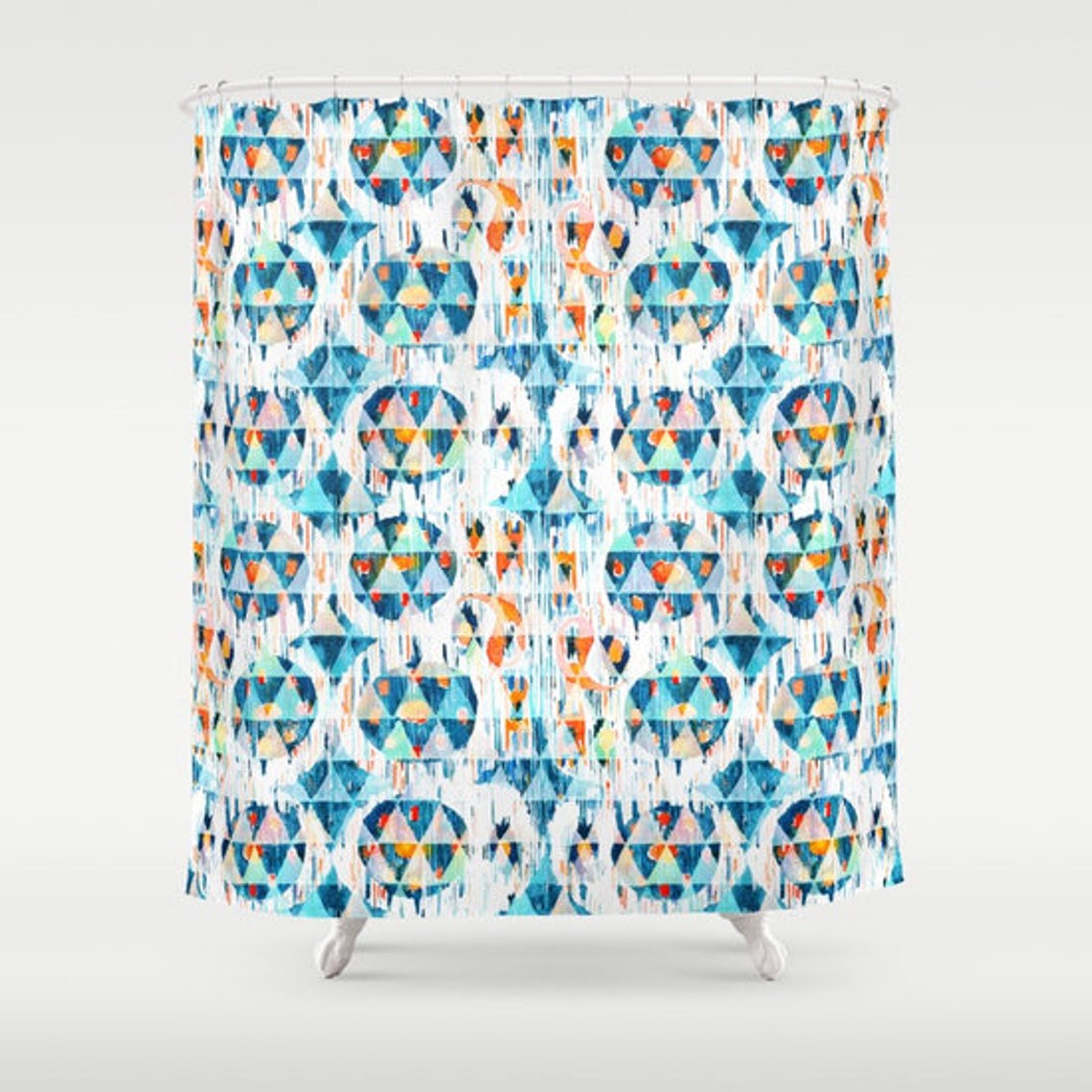 Geometric Shower Curtain Blue Orange Bathroom Decor Blue Ikat Etsy