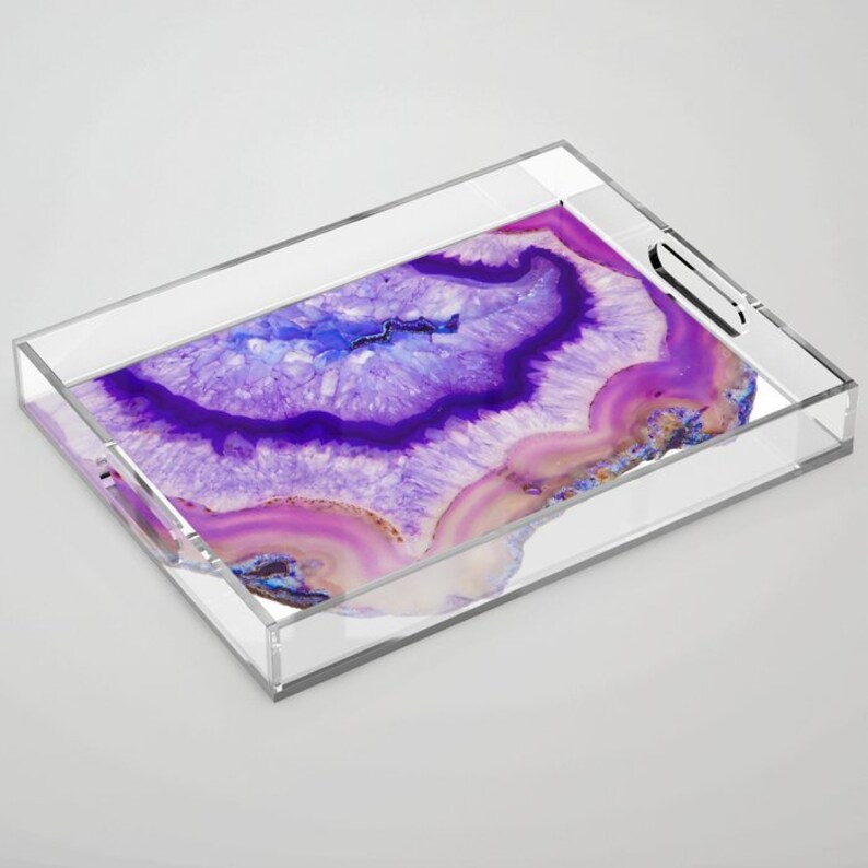 Coffee Table Tray Dresser Tray Crystal Jewelry Tray Spiritual Decor Lucite Tray with Handles Purple Agate Slice Acrylic Serving Tray