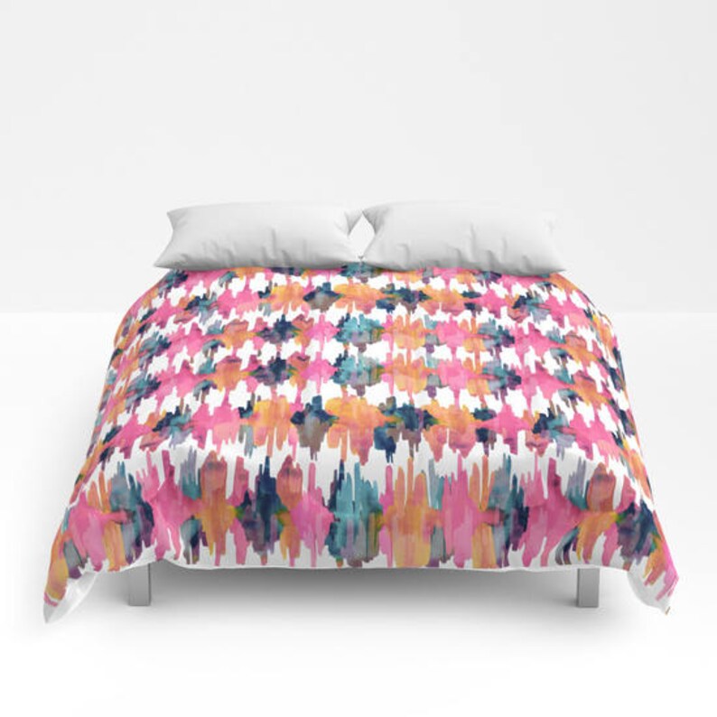 Pink Duvet Cover Girls Comforter King Queen Full Twin Xl Dorm Bedding Teen Set Abstract Print Navy Orange Striped
