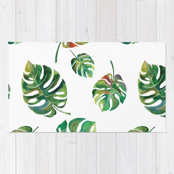 Palm Leaf Area Rug Tropical Green 2x3 Rug Modern Botanical Rug 3x5 Rug 4x6 Area Rug Mod Throw Rug Dorm Room Rugs Palm Tree Print Rugs