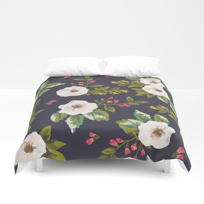 Navy Floral Duvet Cover Girls Preppy Comforter King Queen Full Etsy