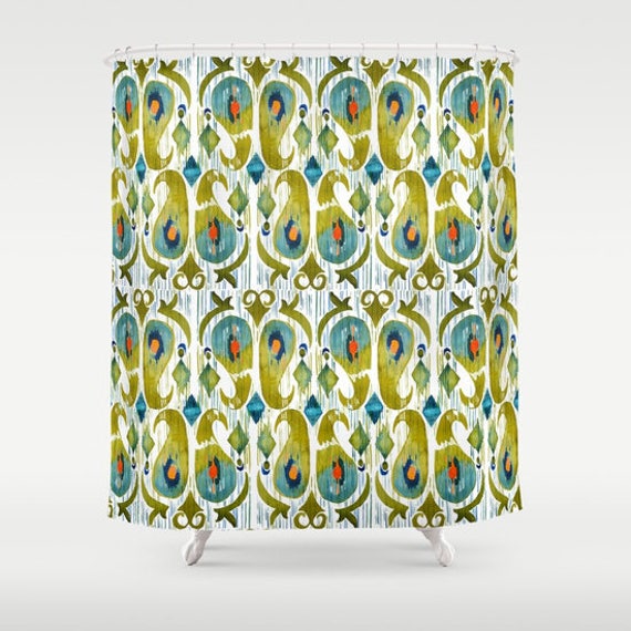 Green Paisley Shower Curtain Green Bathroom Decor Green Ikat Etsy