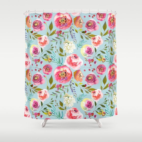 Blue Floral Shower Curtain Girls Bathroom Robins Egg Blue Pink Etsy