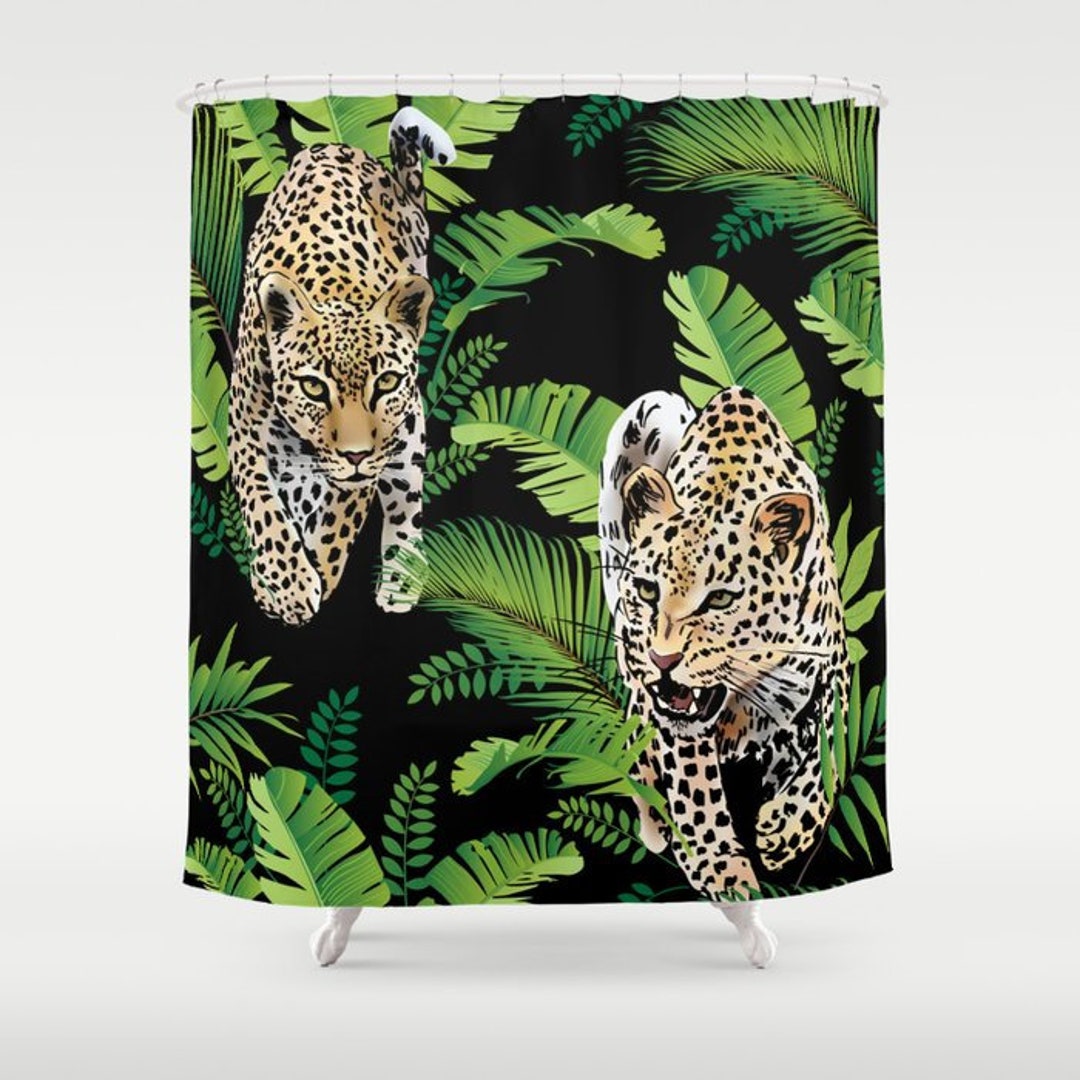 Leopard Shower Curtain Palm Leaf Pattern Curtain Tropical Etsy