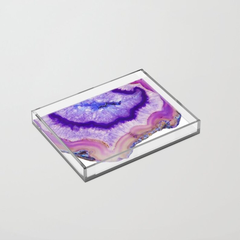 Coffee Table Tray Dresser Tray Crystal Jewelry Tray Spiritual Decor Lucite Tray with Handles Purple Agate Slice Acrylic Serving Tray