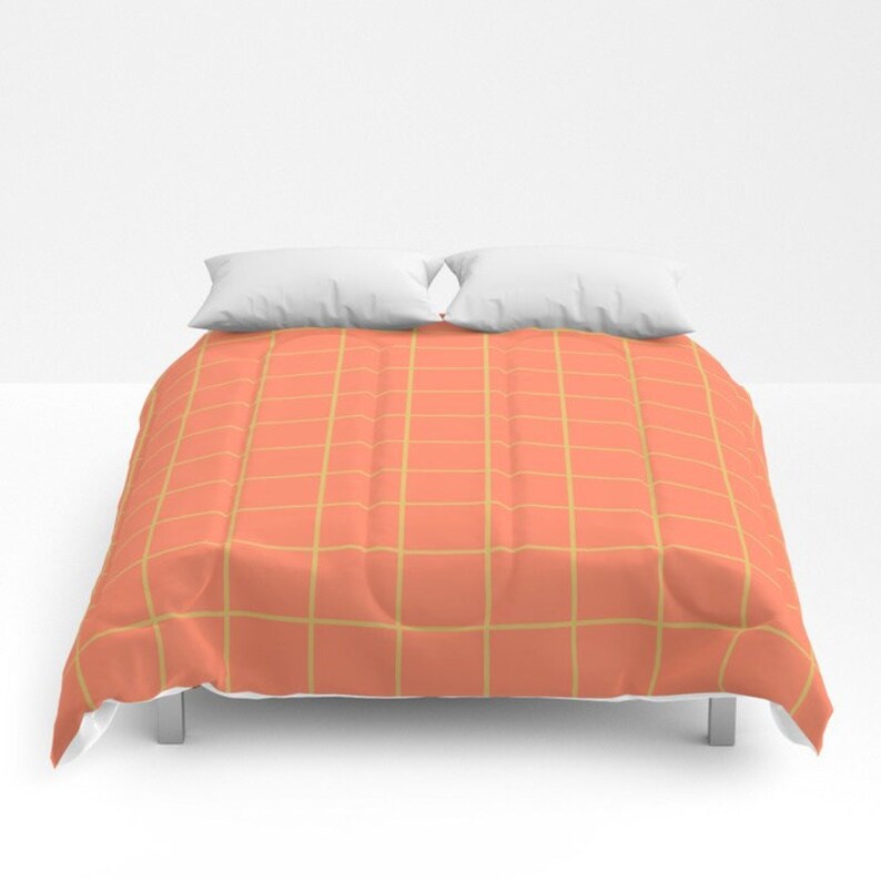 Orange Duvet Cover Melon Check Print Comforter King Queen Full Etsy