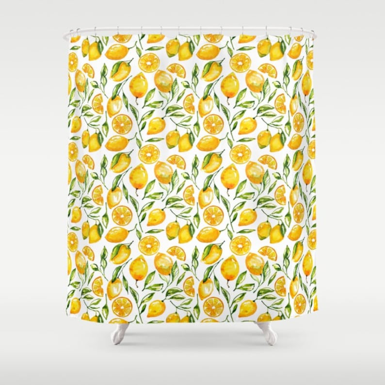 Lemon Shower Curtain Lemon Print Yellow Shower Curtain Sunny Etsy