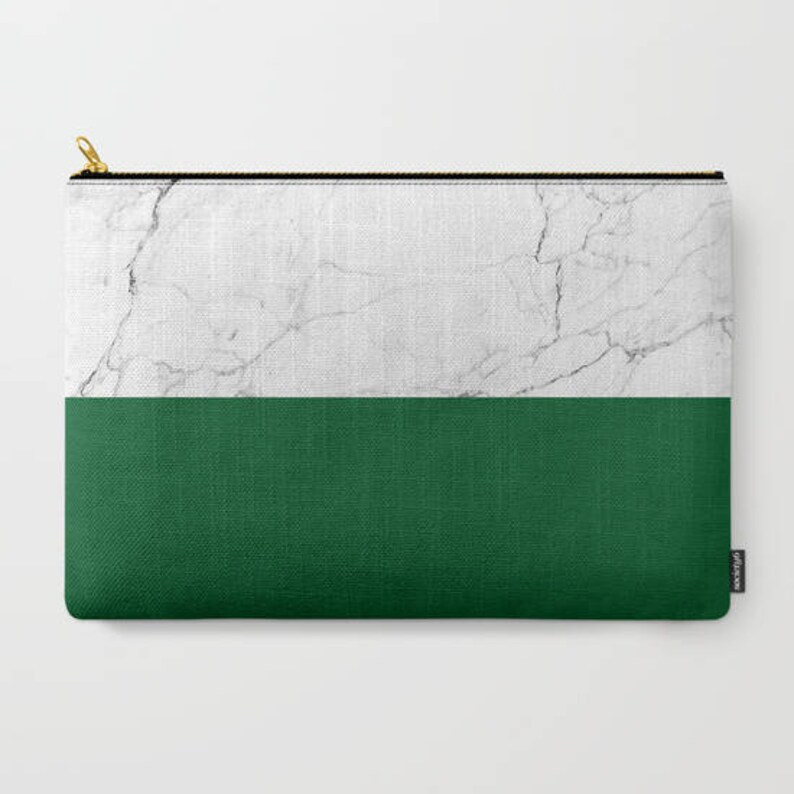 White Marble Clutch Emerald Green Makeup Bag Colorblock White Etsy