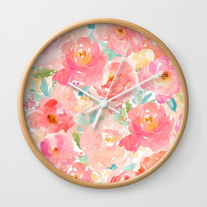 Office Clock Women Pink Floral Wall Clock Wooden Wall Clocks Etsy