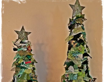 2 artisan crafted primitive tattered boho trees shabby chic fabrics hippie holiday christmas decor textile scrap trees ref set 3 - Boho Christmas Decor 2 artisan crafted primitive tattered boho trees shabby chic fabrics hippie holiday christmas decor textile scrap trees ref set 3 - Boho Christmas Decor