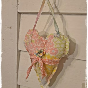 PUFFY FABRIC Hanging HEART - Sweet Springtime Decor, Stuffed Hanging Heart, Textile Heart, Vintage Millinery Flowers, Easter Ornament
