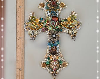 STUNNING JEWELED CROSS - Wall Mount, Vintage Jewels-Gems-Gemstones-Preciosa-Czech Crystals, Large 12-1/2 x 8, Exquisite Heirloom Quality