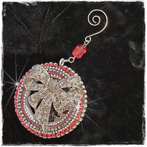 LARGE STUNNING RHINESTONE Ornament- Holiday Bling, Heirloom Quality Jeweled Dangle, Sparkling Red Crystals & Silver Settings [JO25-9]