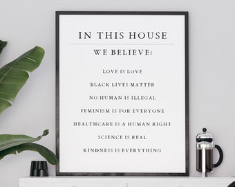 Reglas de la casa imprimibles, en esta casa creemos en la impresión, arte de pared tipográfico inclusivo, descarga instantánea