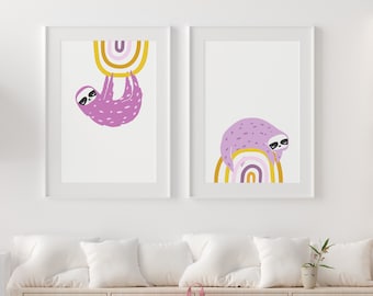 Set of TWO Pink Sloth Prints, Printable Nursery Illustration, Modern Kids Decor, Animal Wall Art, Instant Digital Download