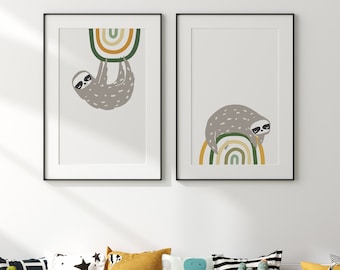 Set of TWO Sloth Prints, Printable Nursery Illustration, Modern Kids Decor, Animal Wall Art, Instant Digital Download