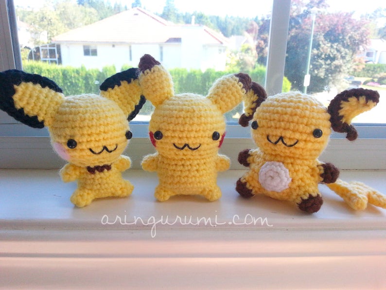pikachu evolution amigurumi crochet plush pichu raichu pokemon plushie set of three