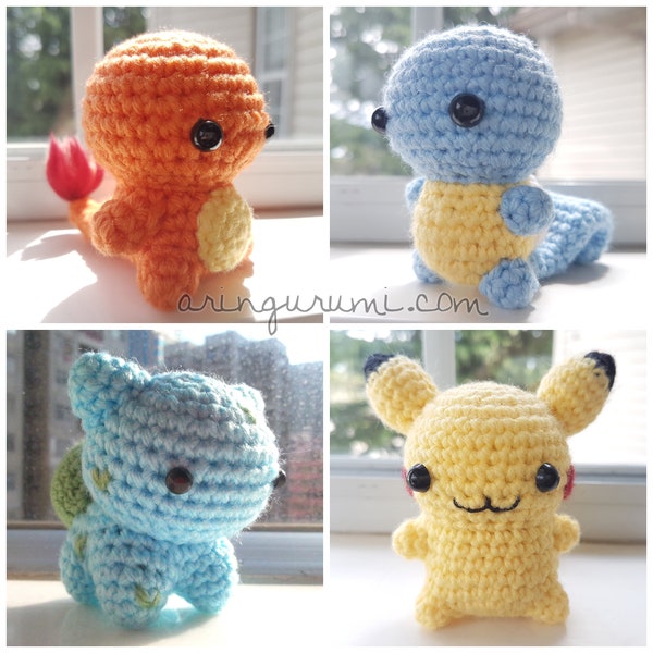 kanto starters amigurumi - bulbasaur charmander squirtle pikachu crochet plush pokemon plushie