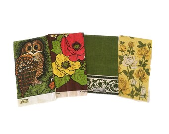 New Old Stock - Vintage 1970s Linen Tea Towels - Your Choice of Printed Design - 70s Owls, Flowers - New w/ Tags - Kay Dee, Parisian Prints
