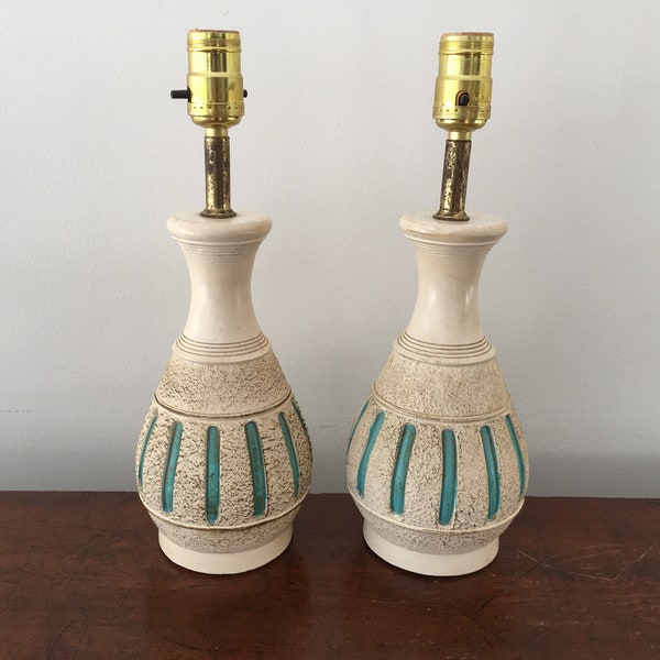 Vintage Pair of 1960s Small Table Lamps by Pieri Tullio - Off-White Plaster w/ Aqua Blue, Gold Accents - Mid Century Modern - 60s - Matching