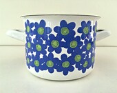 1960 39 s Finel Arabia Enamelware Stock Pot - Mid Century Modern Vintage - Sinivuokko - Blue Hepatica - Flower Power - Kaj Franck Design