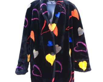 Vintage Donnybrook Faux Fur Heart Coat - 1980s / 1990s Lined Jacket - Black w/ 80s Colorful Designs - Knee Length - Women's Size Large (L)