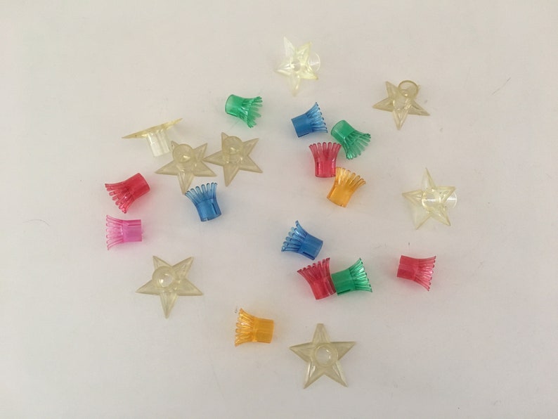 Starburst Crown Replacement Retro! Lot of 21 Vintage Christmas Light Covers Clear Colorful Transparent Plastic Bases Star Design