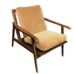 One (1) Vintage Velvet Cushion – Brown / Gold – Large Size – Mid Century Modern – 60s Sofa / Chair Seat / Back Pillow – Down + Foam Interior