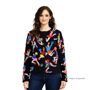 Vintage Michael Simon Cheerleading PomPom Cardigan Sweater – 1990s Colorful Cheerleader / Cheer Designs – Women's Medium