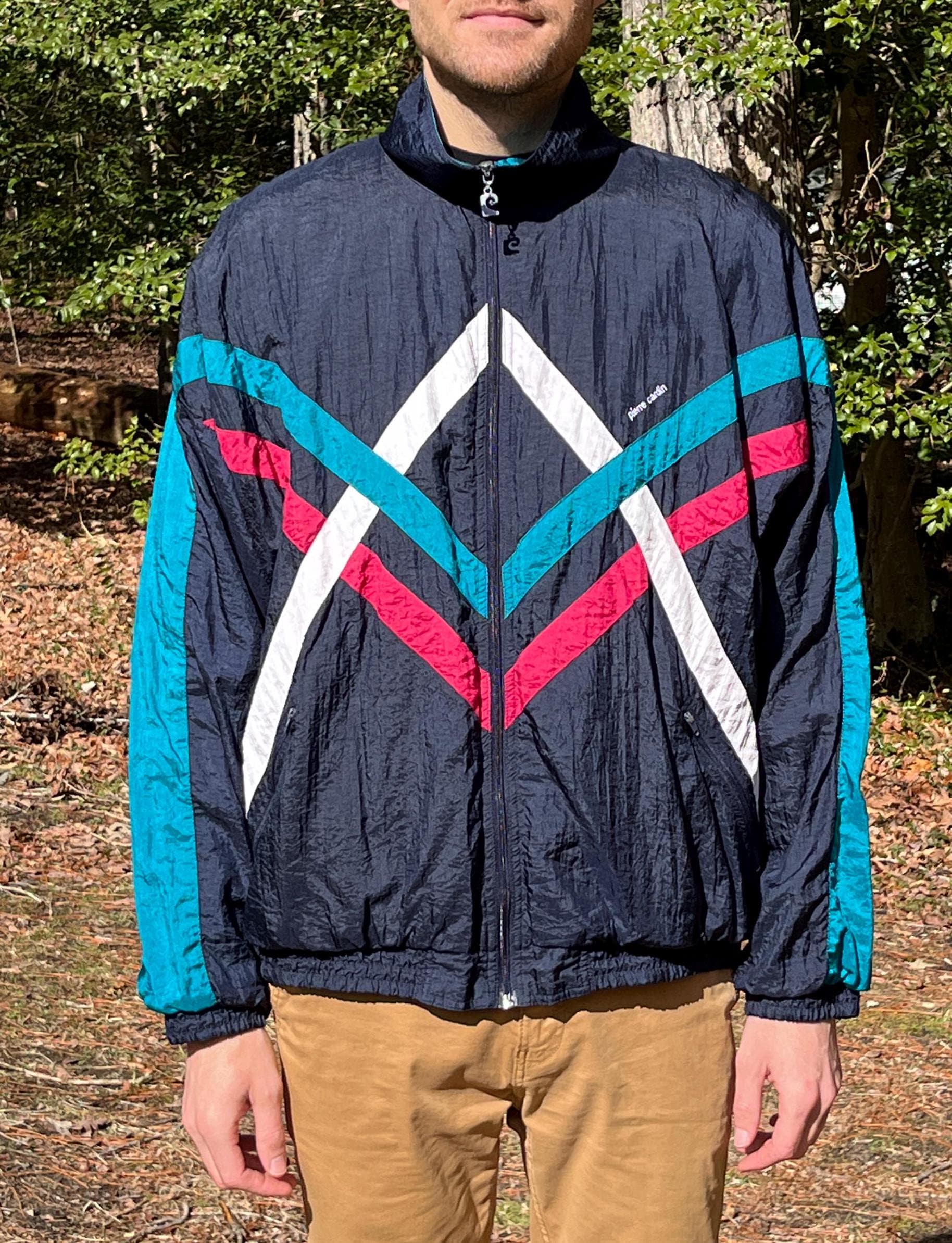 Vintage 90s Y2K Windbreaker Jacket – Navy Blue, Teal Stripe Zip up