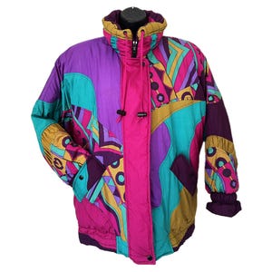 Vintage 80s 90s Ski Coat – Colorful Neon Puffer Jacket – Geometric Snow Jacket – Retro Apres Ski Snowboard Style – Women&#39;s Winter Outerwear