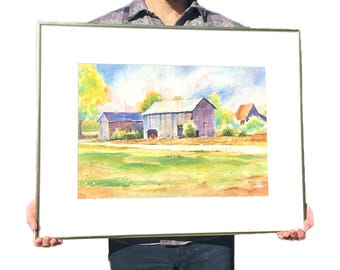 Vintage Original Watercolor Painting – Artist Signed – Framed Artwork – Barn, Farm Landscape – Wall Hanging Art