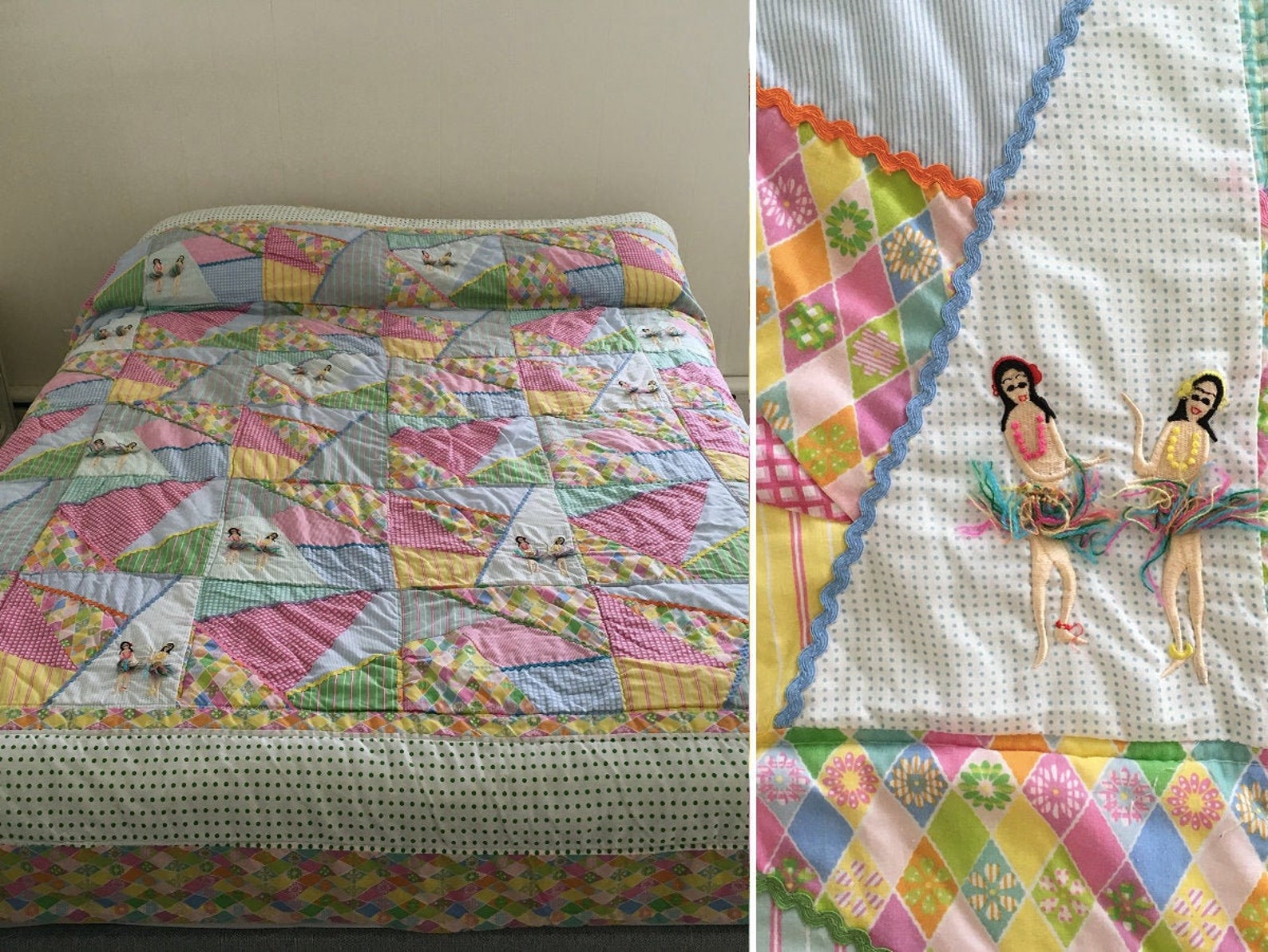 Vintage Hawaiian Quilt Bedspread Patchwork Design Etsy Bedspread appliqued
