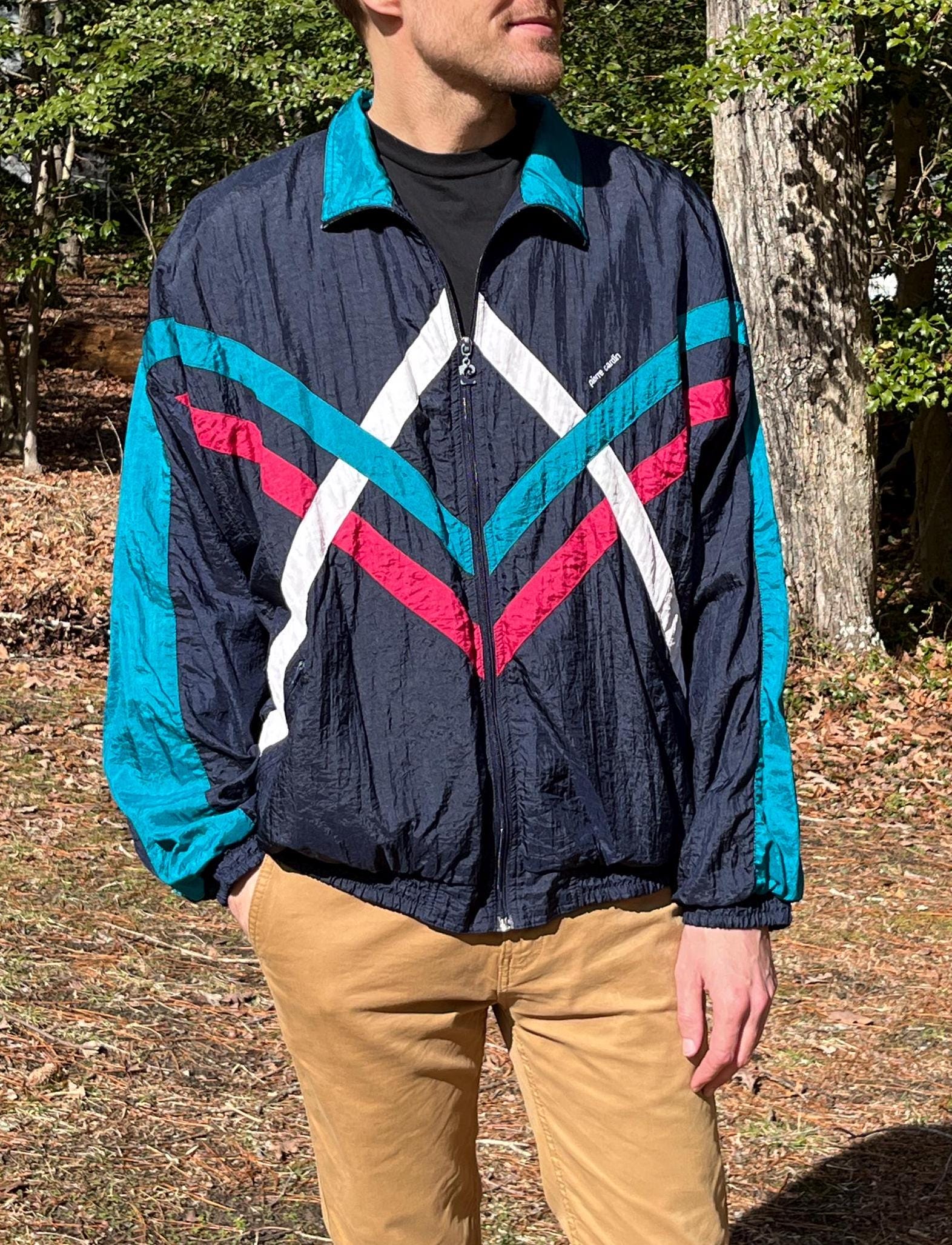 Vintage 90s Y2K Windbreaker Jacket – Navy Blue, Teal Stripe Zip up