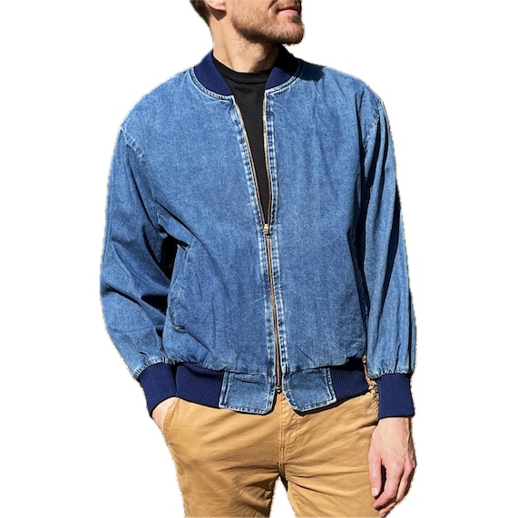 Vintage Stonewash Denim Bomber Jacket – 80s 90s Men's Blue Jean