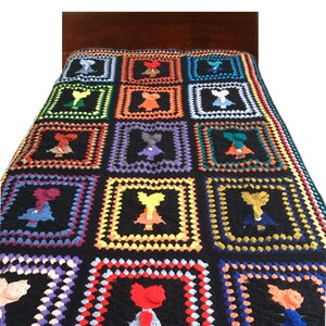 Hand Crocheted Sunbonnet Sue Blanket - Granny Squares - Vintage Patchwork Afghan Throw / Bedspread - 68&quot; X 42&quot; - Cottagecore Boho Girls Room
