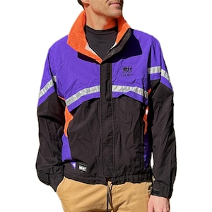Vintage 90s Neon Windbreaker Jacket – Color Block Running Jacket – 1990s Track Jacket – Purple Black Orange – Men’s Size Extra Large (XL)