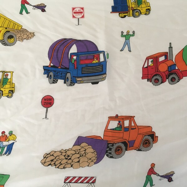 1990's Construction Trucks Fitted Sheet by Cannon - Vintage Twin Size Bedding - Colorful Bulldozers, Dump Trucks - Retro 90's Kids Bedroom!