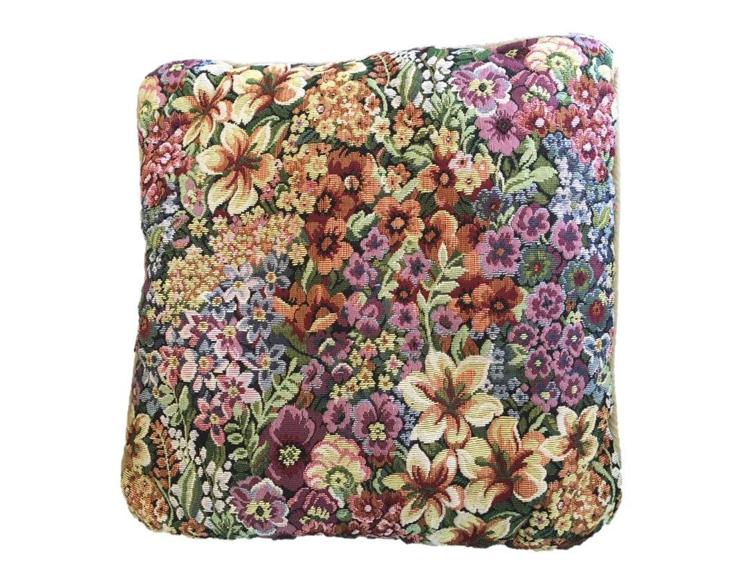 Vintage Floral Tapestry Pillow Colorful Stitched Front Velvet Back Accent Sofa Cushion Lush