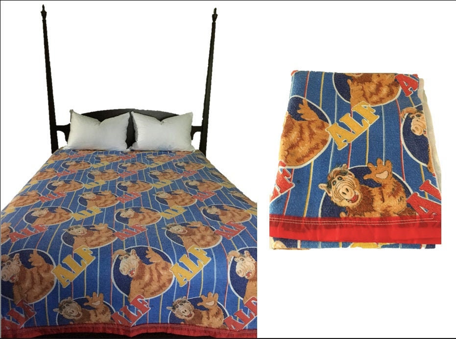 Vintage Alf Blanket -1980's Fleecey Bedspread - Twin / Full Size - Satin Trim Spread - Blue w/ Alien Character - Retro 80's Kids Bedding