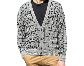 Vintage Grey Argyle Knit Cardigan Sweater | 80s 90s Boho V-neck